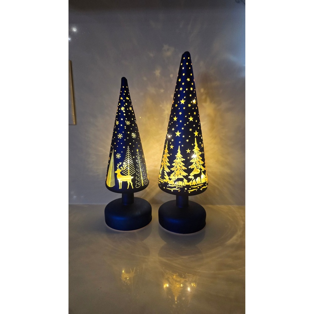 New Gerson Set of 2 Blue Frosted Glass Lighted Christmas Trees Laser Etched